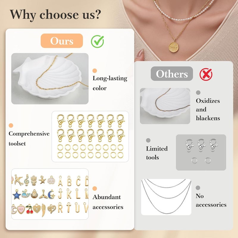 Ecoofor 18K Gold Chain for Jewelry Making – Stainless Steel Paperclip Chain, 16.6 Feet DIY Bracelet Necklace Kit with 100 Jump Rings, 50 Clasps, 26 Letter Pendants & 30 Colorful Charms - Image 5